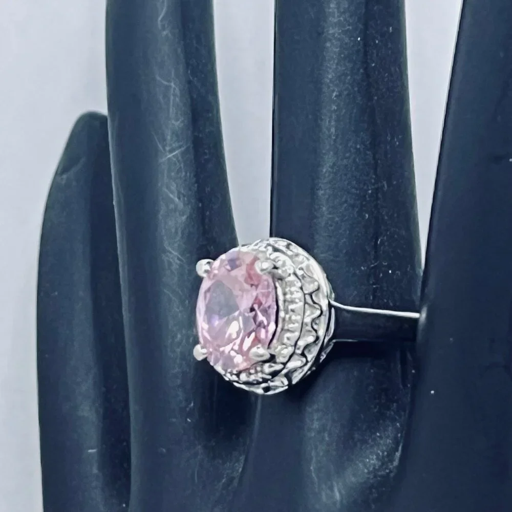 Silver Tone With Pink Glass Rhinestone Statement Ring (R367) - Picture 2 of 6